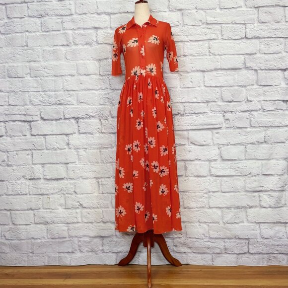 Ganni Tilden Orange Mesh Floral Midi Dress - Picture 1 of 6